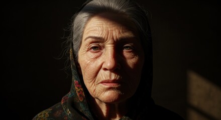 Obraz premium Elderly woman portrait wearing a headscarf set against a dark backdrop Prominent wrinkles gray hair Light highlighting face