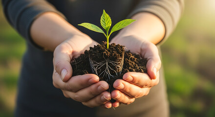 A tender new beginning carefully cradled in human hands, this small green plant represents hope, sustainable growth, and a fresh start