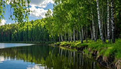 Fototapeta premium Panoramic view of a tranquil lake bordered by a lush forest, with tall birch trees along the shore. The scene reflects in the calm water under a partly cloudy sky. 