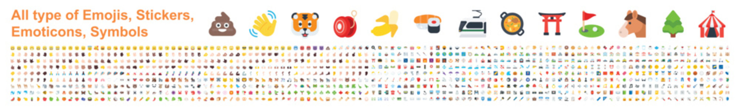 Naklejki All type of emojis, stickers, emoticons flat vector illustration symbols. Hands, man, woman, workers, fruit drinks food
