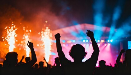 Crowd Silhouetted Against Vibrant Stage Lights and Fireworks