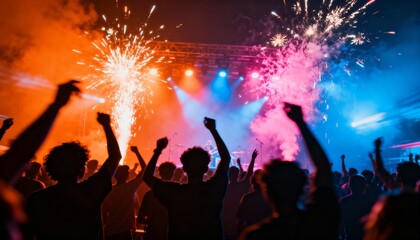 Crowd Silhouetted Against Fireworks and Stage Lights at Concert