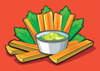 Delicious golden sticks with green sauce.