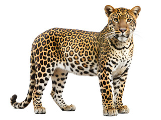 Fototapeta premium Sri lankan leopard standing isolated on transparent background, panthera pardus kotiya, 7 years old, isolated on transparent background in a studio shot