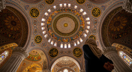 Naklejka premium Woman in hijab gazes up at the magnificent, ornate dome of a grand religious building, bathed in soft light.