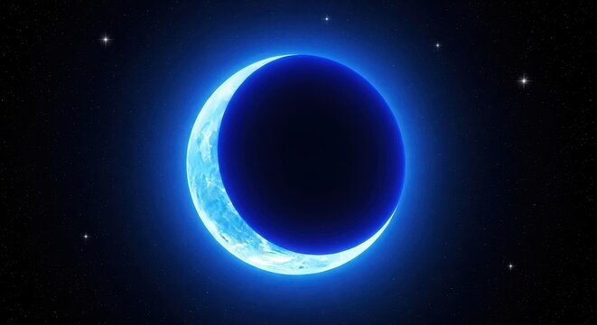 A crescent moon glowing with blue light against a starry night sky, evoking mystery and the cosmos