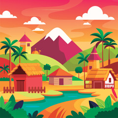Colorful village scene by the river.