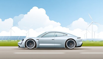 Futuristic electric car on a highway with renewable energy