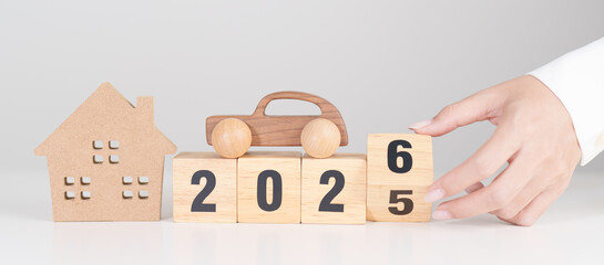 2025 end year to Happy New Year 2026 with house and Car model. real estate, Home mortgage and car...