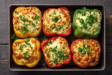 Baked stuffed bell peppers with cheese in rustic autumn kitchen setting. Baked bell peppers filled with Thanksgiving leftovers, concept of homemade fall comfort food
