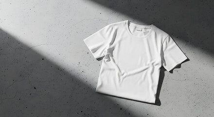 Blank white cotton t-shirt mockup lying flat on a concrete surface with dramatic sunlight and shadow. Minimalist apparel template for design