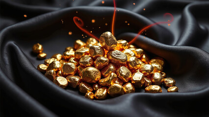 Gold nuggets glow on black silk with magical red sparkles.  
