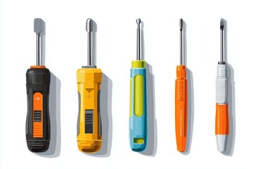 Collection of five colored screwdrivers displayed on a white background showcasing different designs and functionalities for various tasks