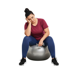 Exhausted woman resting on a fitness ball after intense workout on transparent layout