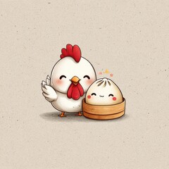 A cheerful chicken stands beside a happy dumpling nestled in a bamboo steamer. Both have adorable expressions, set against a light, neutral backdrop.