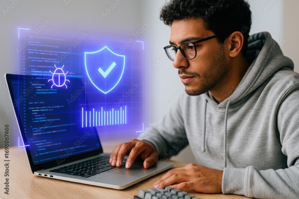 Aufkleber cybersecurity measures in action a professional evaluating laptop security systems in a modern works