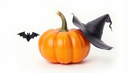 A bright orange pumpkin with a black witch hat, set on a white background, creates a stylish, minimalistic Halloween composition. The silhouette of a bat