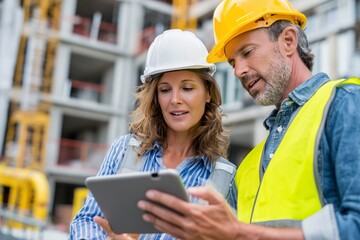 Construction professionals review project plans outdoors at a building site during daylight hours with safety gear and a tablet in hand