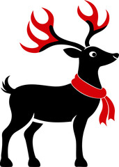 Reindeer with red nose and scarf silhouette  vector black , white background 