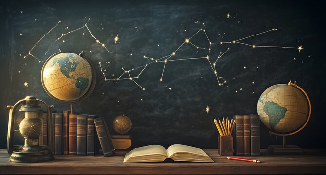 Study Space With Globes, Books, and Constellations on Chalkboard in a Cozy Learning Environment