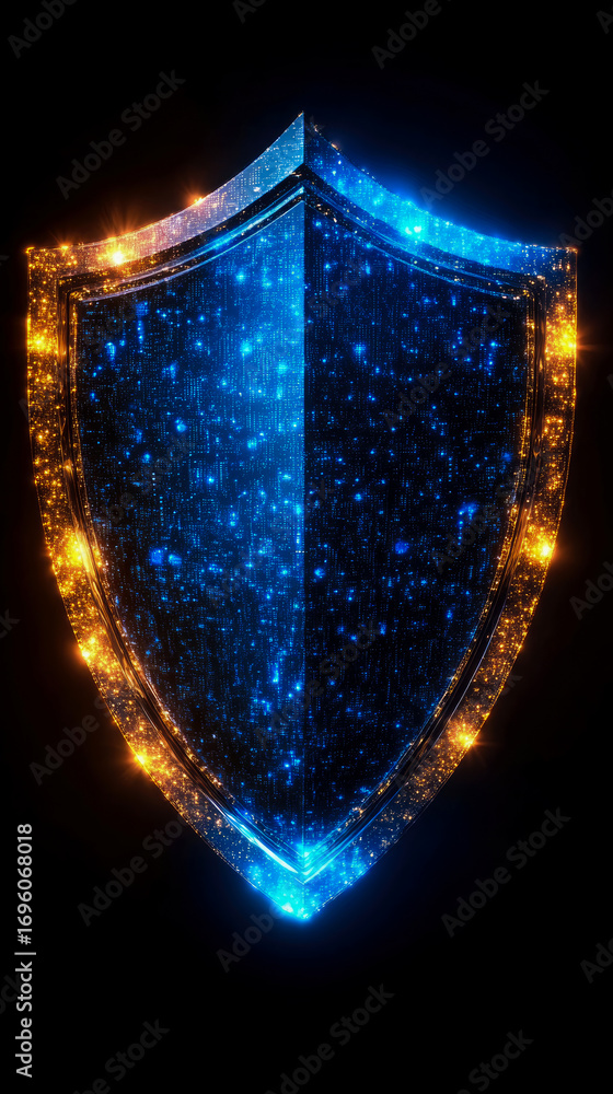 Poster dynamic digital security shield illuminated by sparkling blue and golden binary code particles, symb