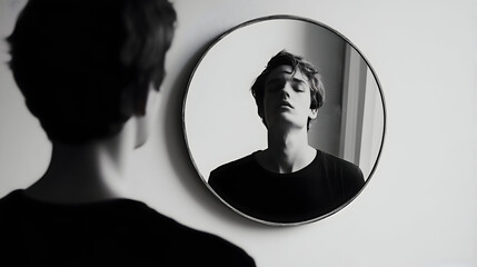 A person sinking into a mirror as if being swallowed by their own reflection, disappearing into their thoughts