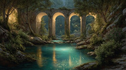 A mystical bridge over a tranquil stream