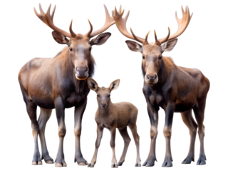 Moose family portrait isolated on transparent background, showcasing the bond between mother, father, and calf in a heartwarming wildlife scene