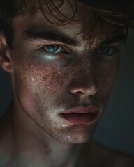 Obraz premium Artistic close-up of man's face illuminated by cinematic low light