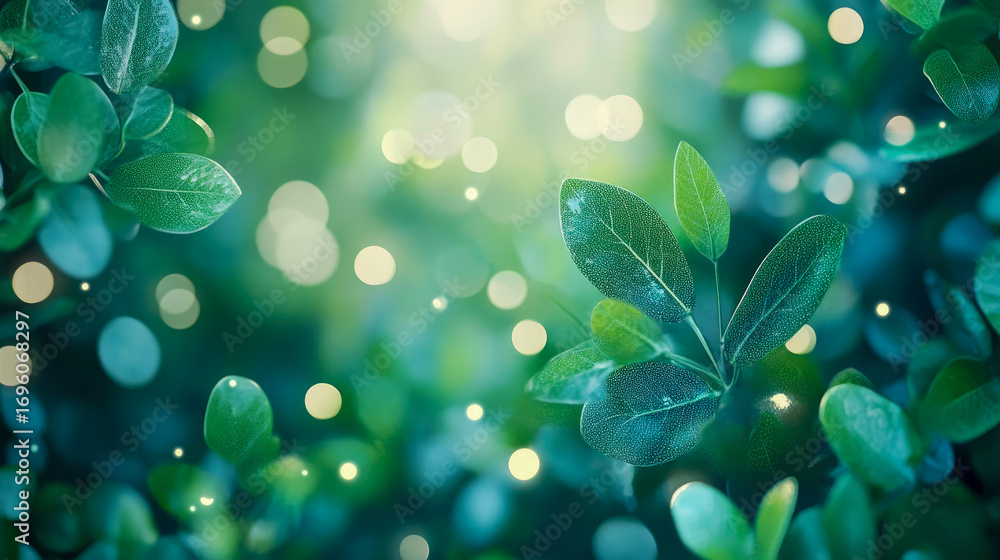 Poster lush green foliage in soft focus with magical golden bokeh lights, creating serene and ethereal natu