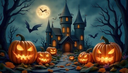 Fototapeta premium Halloween night , lots of glowing pumpkins and Gothic castles under the dark sky. Bats and orange floral decorations create a festive but ominous atmosphere.