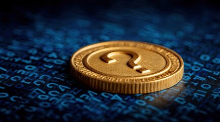 Golden coin with question mark on dark digital background
