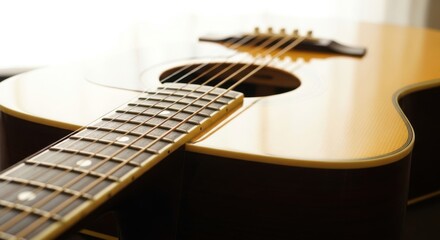 Fototapeta premium Closeup of an acoustic guitar, showcasing the strings, fretboard, and body, capturing the essence of music and craftsmanship