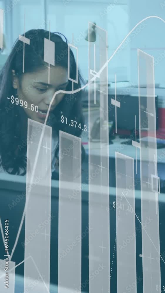 Poster animation of data processing over diverse business people using computer