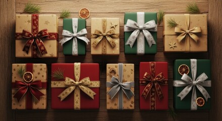 Assortment of beautifully wrapped christmas presents on a wooden surface
