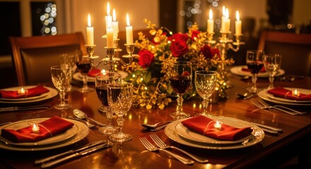 Elegant dinner table setting with candlelight and floral centerpiece