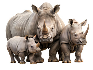 Obraz premium A majestic white rhinoceros family, isolated on transparent background, stands together, showcasing the beauty and strength of these endangered creatures
