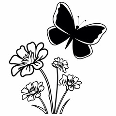 Minimilist black and white drawing of a butterfly flying above a group of flowers with detailed petals and stems vector