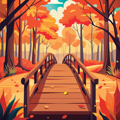 Autumnal wooden bridge through colorful forest.