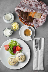 Breakfast still life with various food items