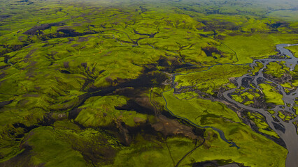 Aerial View of Braided Rivers and Volcanic Terrain in Iceland