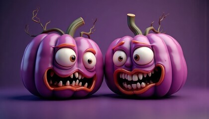 Three purple pumpkins with expressions of fear and anxiety on their faces create a creepy atmosphere. The central pumpkin is open-mouthed in fear, while the side ones seem angry, adding to the gloom.