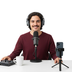 Enthusiastic man recording a podcast with professional equipment on isolated clear backdrop