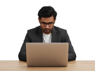 Focused professional at desk working diligently on laptop with isolated transparent background