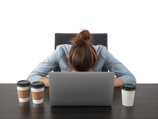 Burnout illustrated a weary professional slumped over laptop isolated transparent