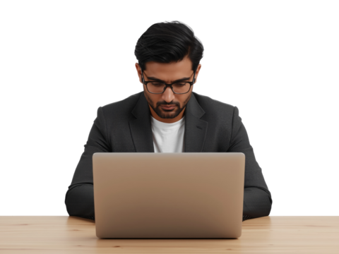 Focused professional at desk working diligently on laptop with isolated transparent background