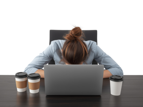 Burnout illustrated a weary professional slumped over laptop isolated transparent