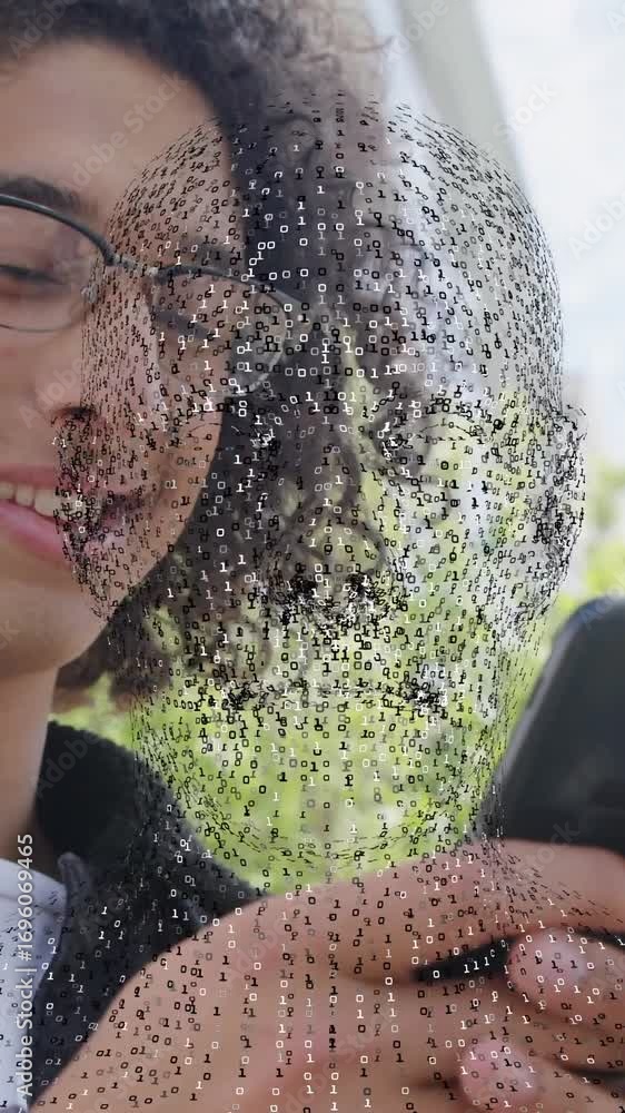 Aufkleber animation of rotating digital head over happy man using smartphone