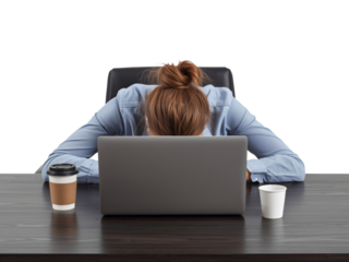 Frustrated professional exhausted at her desk, isolated, stressed by burnout, head down on the