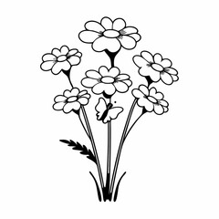 Minimilist a simple line drawing of a bouquet of daisies with a small butterfly resting on one of the stems vector
